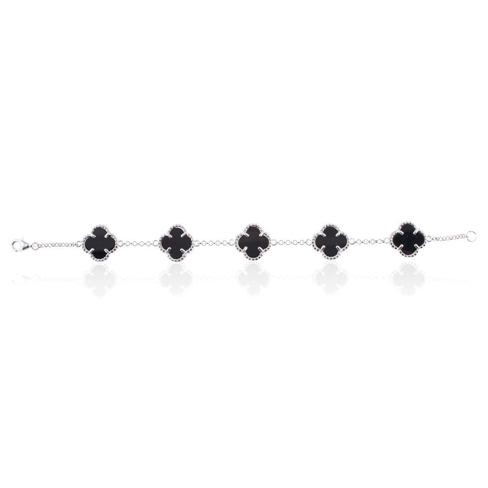 Sterling Silver Black Onyx Clover 7" Bracelet