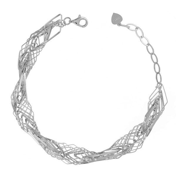 Sterling Silver Rhodium Plated Twisted Diamond Shape Link Bracelet