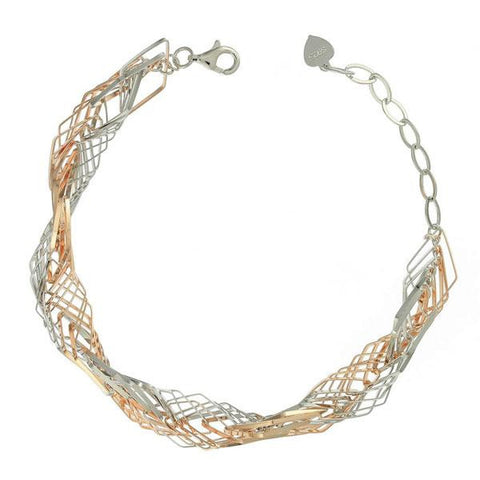 Sterling Silver Rhodium and 14K Rose Gold Plated Twisted Diamond Shape Link Bracelet