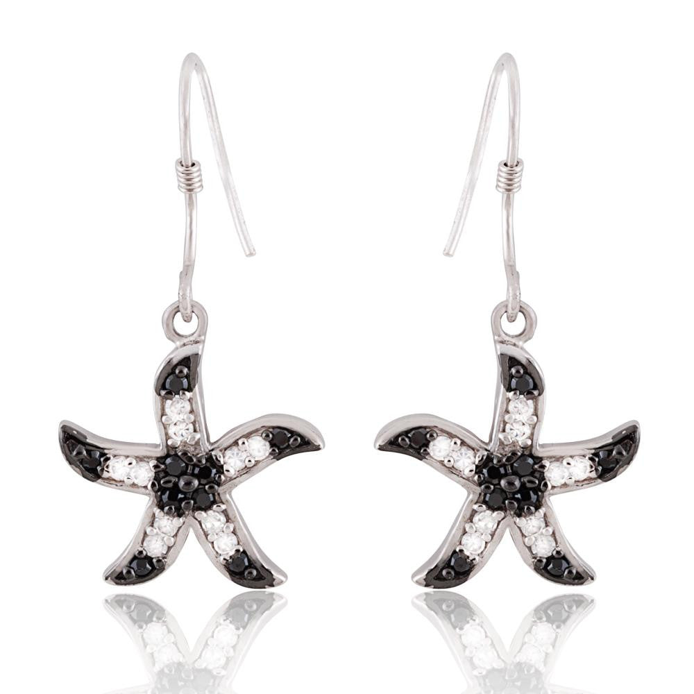 Sterling Silver Black and Clear Cubic Zirconia Starfish Earrings