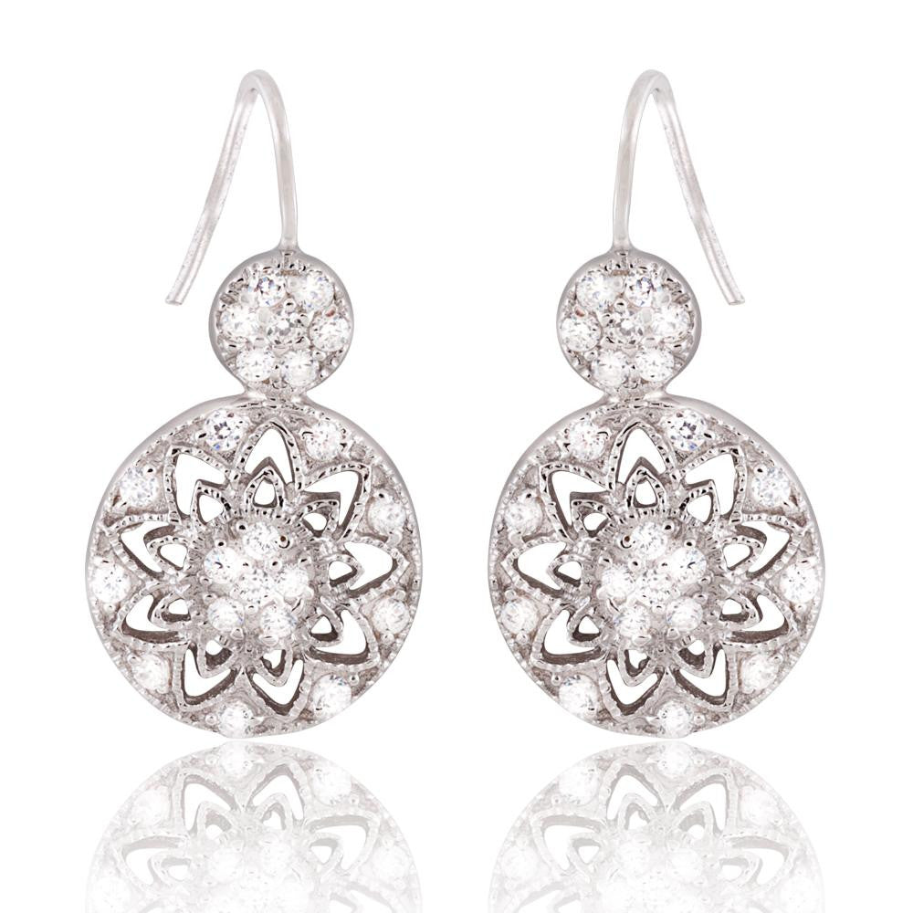 Sterling Silver Delicate Flower Design Double Circle CZ Stones Earrings