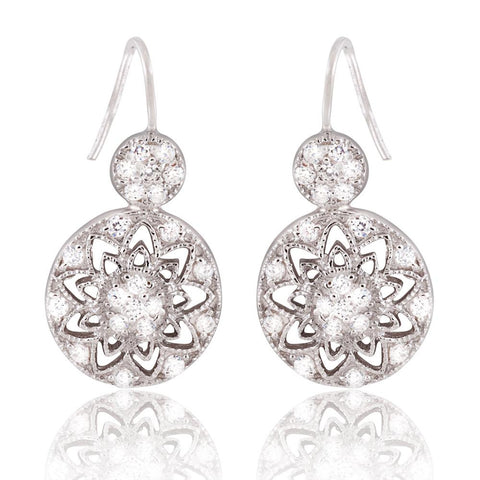 Sterling Silver Delicate Flower Design Double Circle CZ Stones Earrings