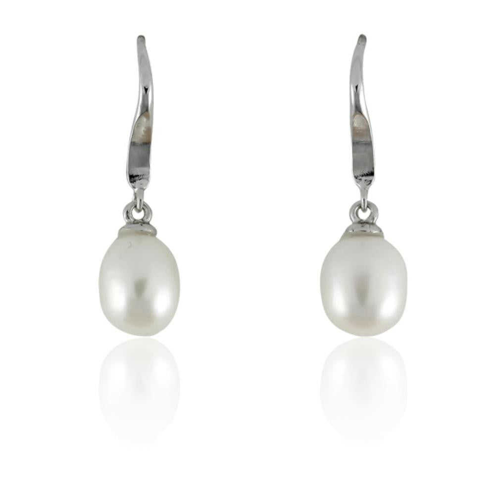 925 Sterling Silver Rhodium Plated Oval White CRE-am Pearl Dangle Earrings