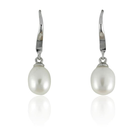 925 Sterling Silver Rhodium Plated Oval White CRE-am Pearl Dangle Earrings