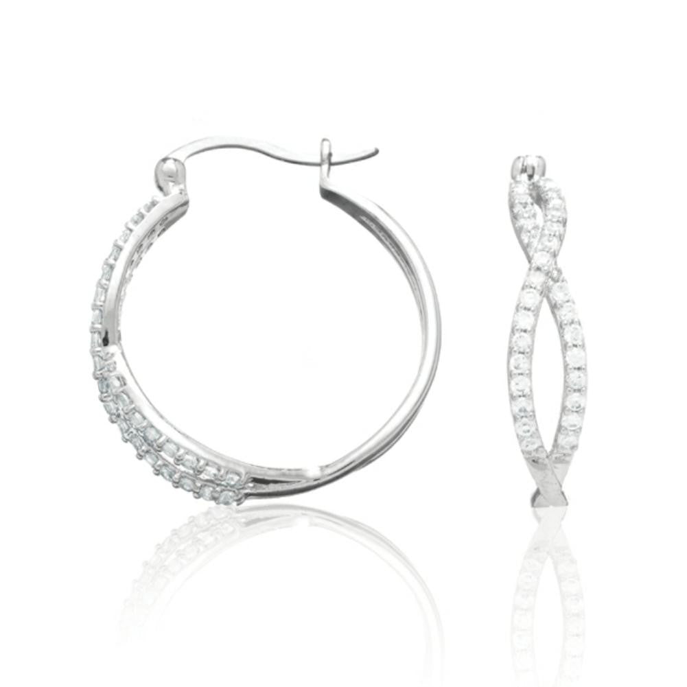 Sterling Silver Cubic Zirconia Twisted Round Hoop Earrings (1" Diameter)