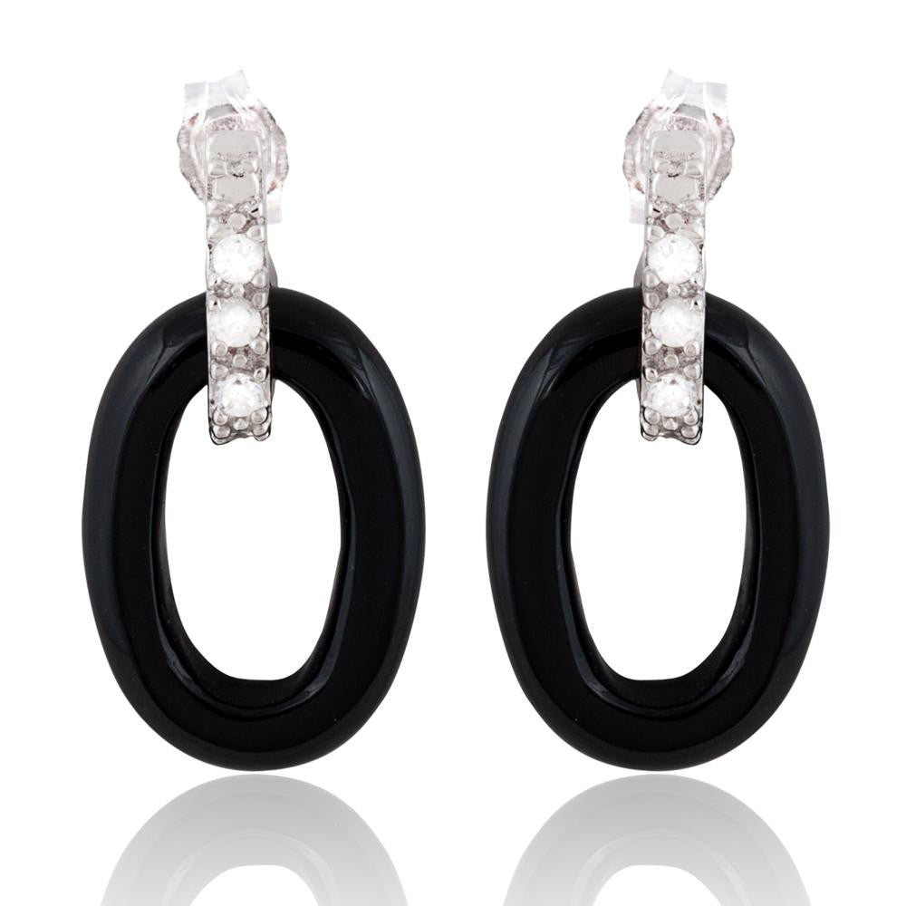 Sterling Silver Open Oval Black Stone Earrings with CZ