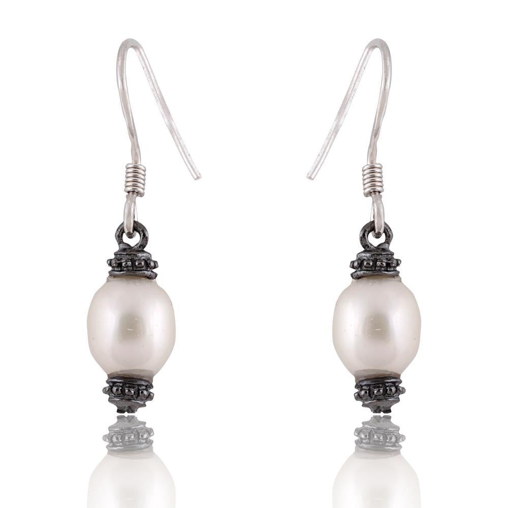 Sterling Silver White Oval Pearl Dangle Earrings