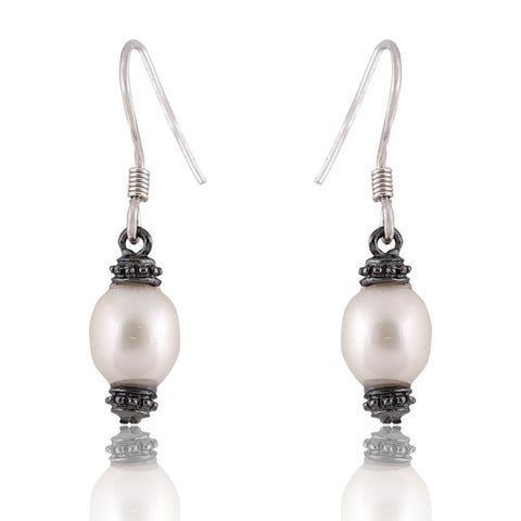 Sterling Silver White Oval Pearl Dangle Earrings