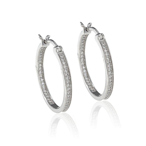 Sterling Silver Inside-Out Hoop Earrings with CZs (1.1" Diameter, 86 Stones)