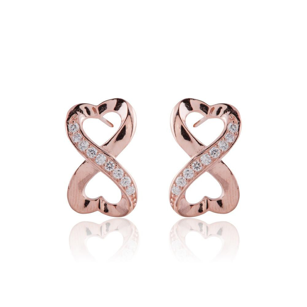 Sterling Silver 14K Rose Gold Plated Small Heart Infinity Stud Earrings w CZs