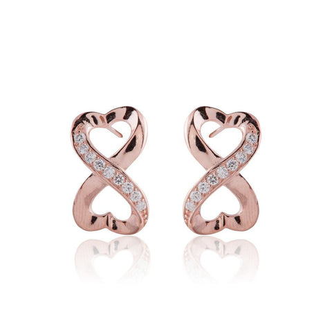 Sterling Silver 14K Rose Gold Plated Small Heart Infinity Stud Earrings w CZs