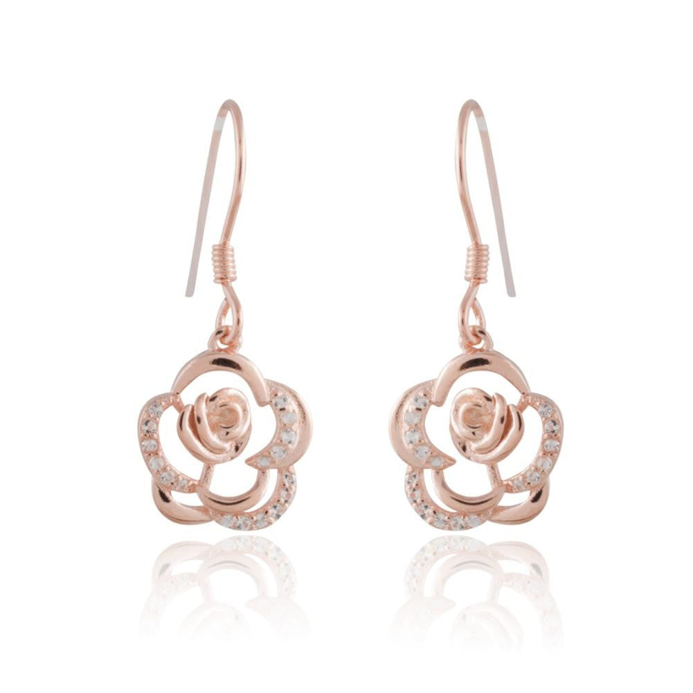 Sterling Silver 14K Rose Gold Plated Flower Dangle Earrings