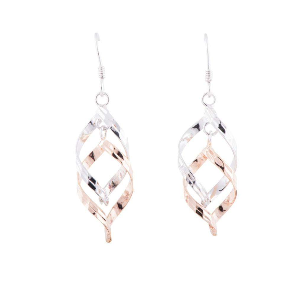 Sterling Silver 14K Rose Gold and Rhodium Plated Twisted Diamond Cut Earrings