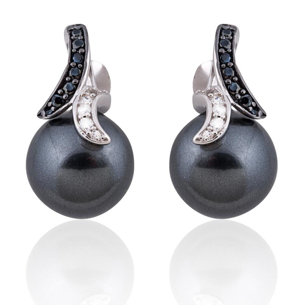 Sterling Silver White and Black Genuine Black Pearl Earrings