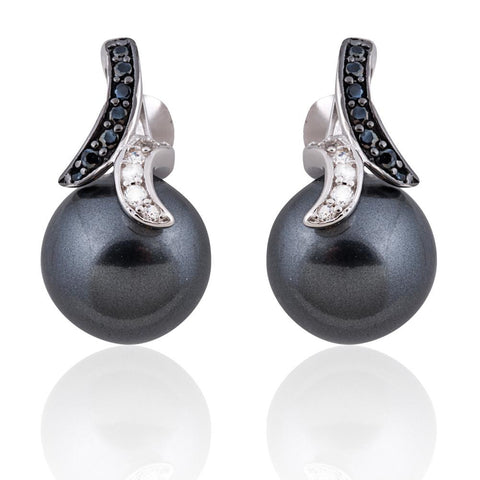 Sterling Silver White and Black Genuine Black Pearl Earrings