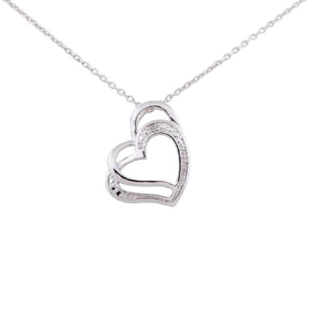 Sterling Silver Rhodium Plated Diamond Accent Double Heart Pendant, 18"