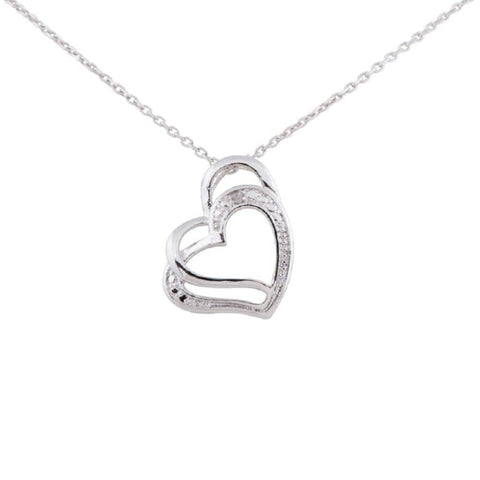 Sterling Silver Rhodium Plated Diamond Accent Double Heart Pendant, 18"