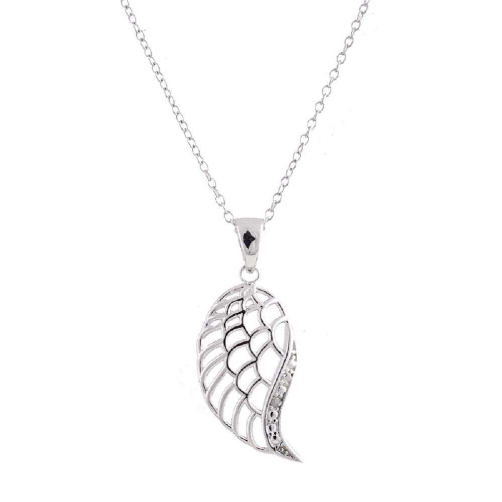 Sterling Silver Rhodium Plated Diamond Accent Angle Wing Pendant, 18"