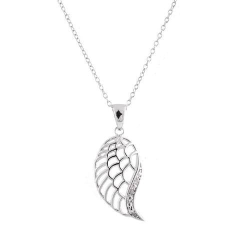 Sterling Silver Rhodium Plated Diamond Accent Angle Wing Pendant, 18"