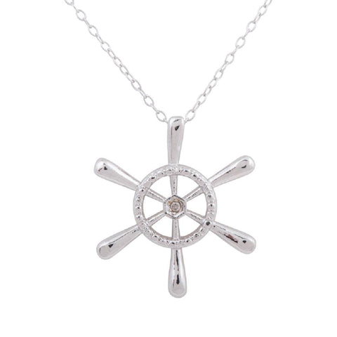 Sterling Silver Rhodium Plated Diamond Accent Ship's Wheel Pendant, 18"