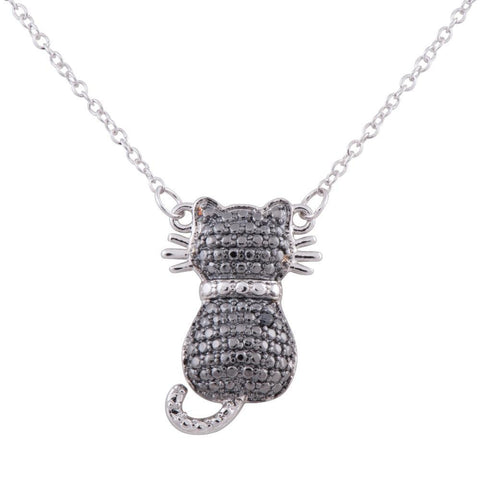 Two-tone Sterling Silver Rhodium Plated Diamond Accent Cat Pendant, 18"