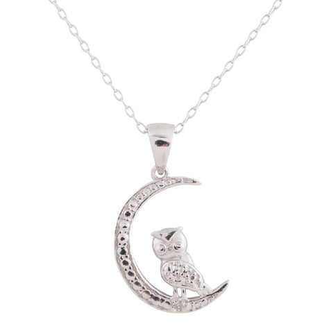 Sterling Silver Rhodium Plated Diamond Accent Owl on Moon Pendant, 18"