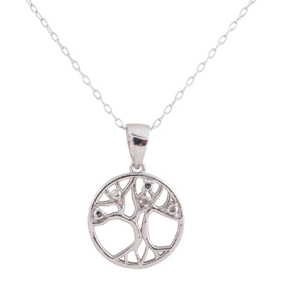 Sterling Silver Rhodium Plated Diamond Accent Tree of Life Pendant, 18"