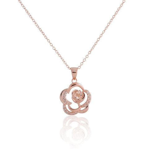 Sterling Silver 14k Rose Gold Plated Diamond Accent Flower Pendant, 18"