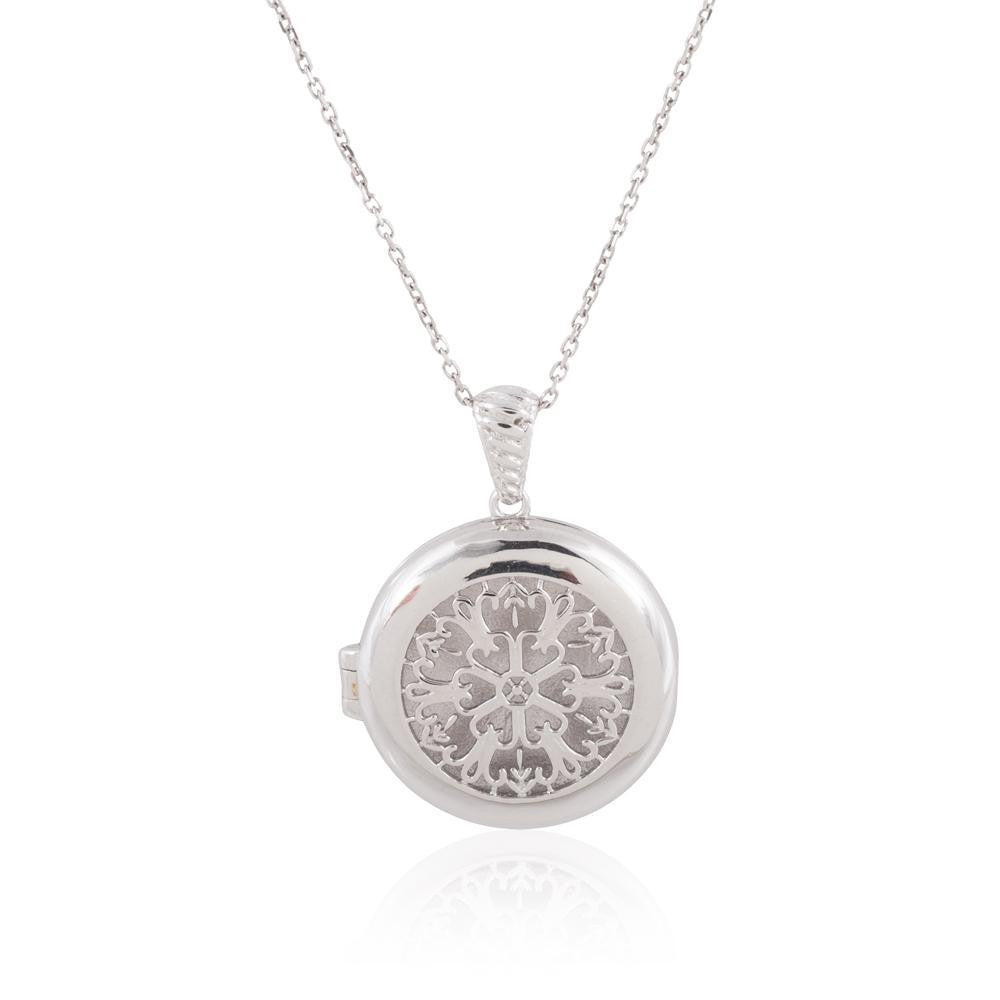 Sterling Silver Rhodium Plated Round Locket with Flower Emroidery, 18"