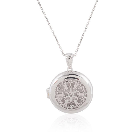 Sterling Silver Rhodium Plated Round Locket with Flower Emroidery, 18"