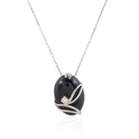 Rhodium Plated 925 Sterling Silver Black Onyx Oval Shape Cubic Zirconia Pendant Necklace, 18"