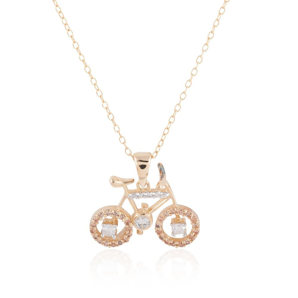 14K Gold Plated Sterling Silver Bicycle Pendant Necklace w- Clear and Champagne Colored CZ Stones, 18"