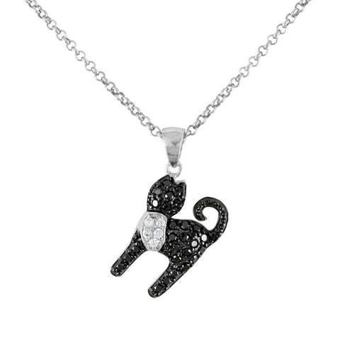 Rhodium Plated 925 Sterling Silver Black and Clear CZ Cat Animal Pendant Necklace, 18"