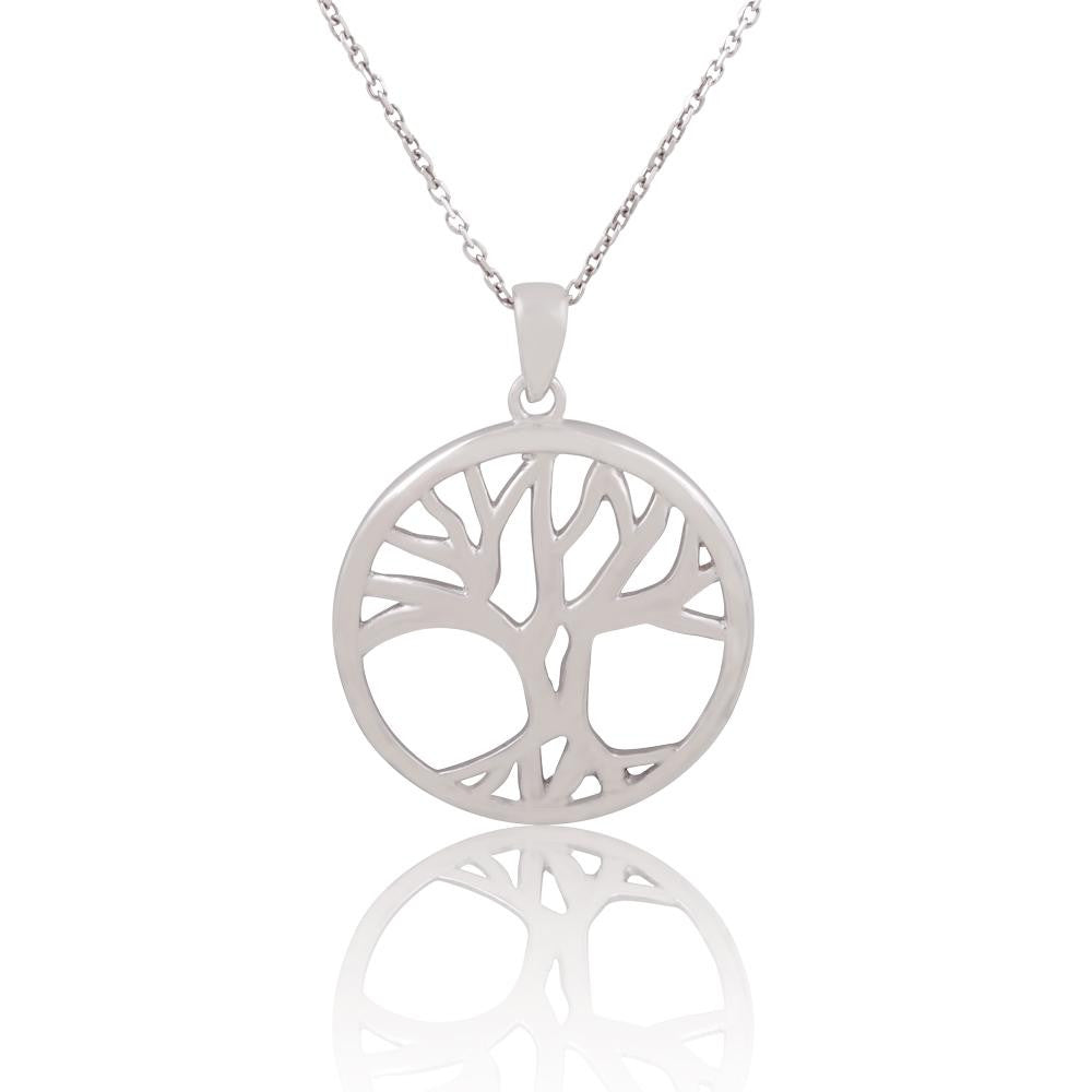 Rhodium Plated 925 Sterling Silver Round Open Circle "Tree of Life" Pendant Necklace, 18"