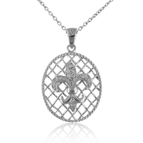 Rhodium Plated 925 Sterling Silver Oval Pendant Necklace with CZ Fleur De Lis on a Weaved Background Design, 18"