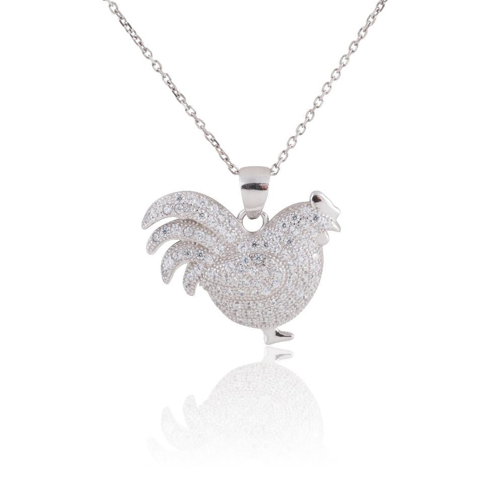 Rhodium Plated 925 Sterling Silver Rooster Animal Necklace with CZ Stones Design, 18"