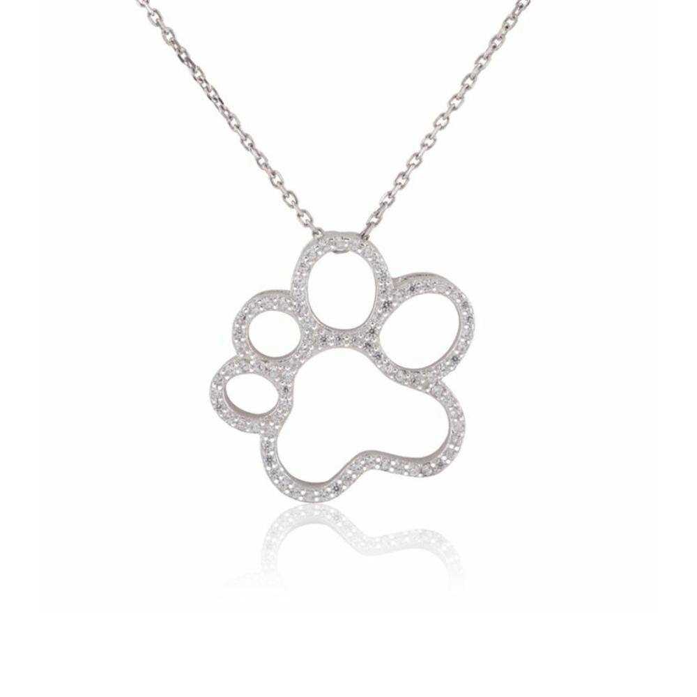 Sterling Silver Open Dog Paw CZ Necklace, 18"