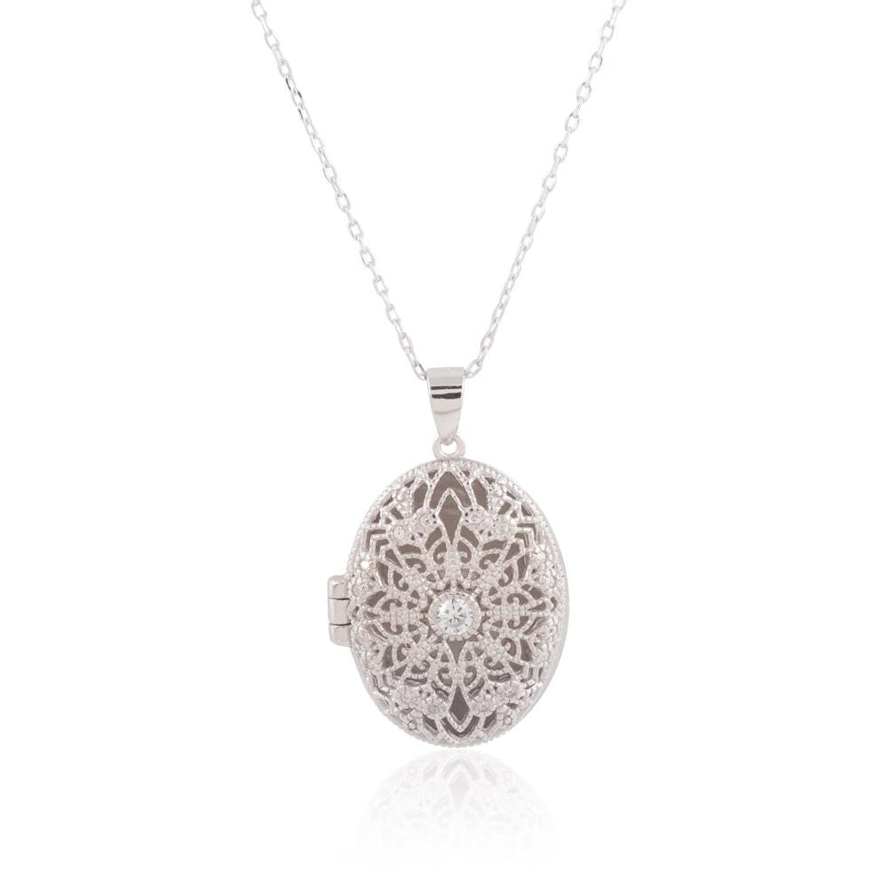 Sterling Silver Rhodium Plated CZ Oval Locket with Flower Emroidery, 18"