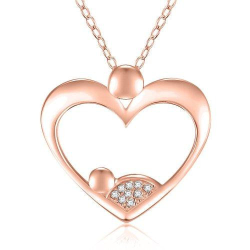 925 Sterling Silver 14k Rose Gold Plated Heart "Mother and Child" Mother Holding Baby Pendant Necklace w- CZs, 18"