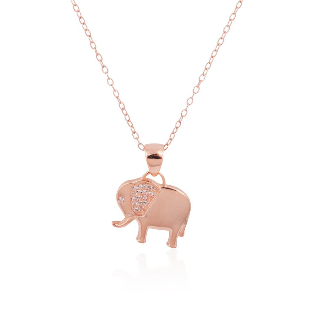 925 Sterling Silver 14k Rose Gold Plated Elephant Pendant Necklace w- Clear CZs, 18"