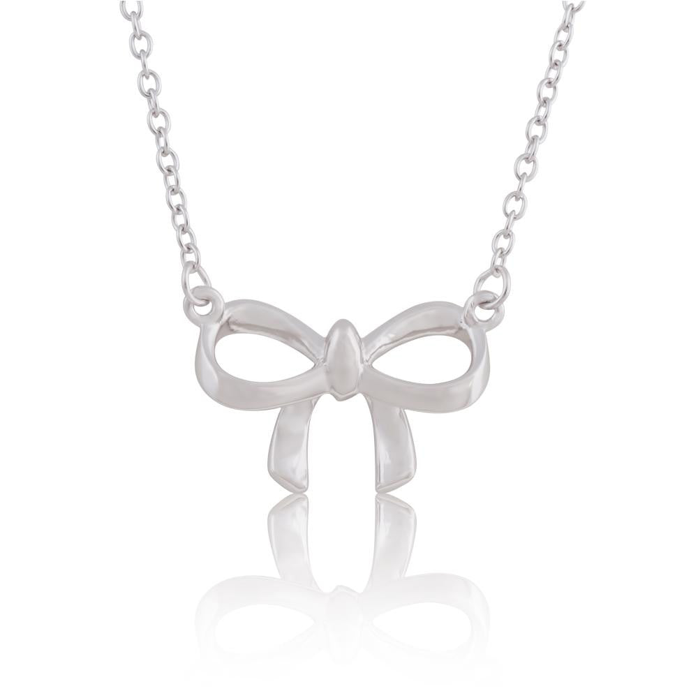 Rhodium Plated 925 Sterling Silver Bow Tie Necklace, 18"