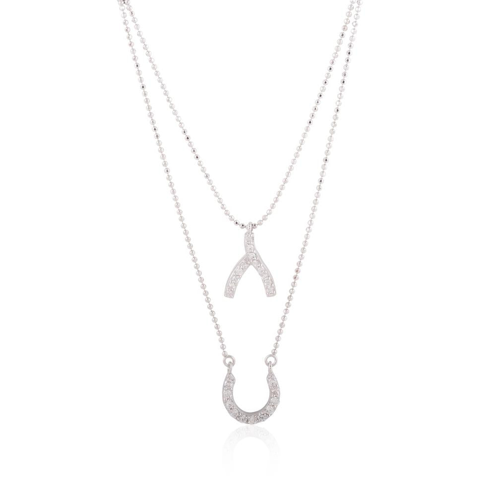 Sterling Silver Wishbone and Horseshoe Double Layer Necklace w- CZ