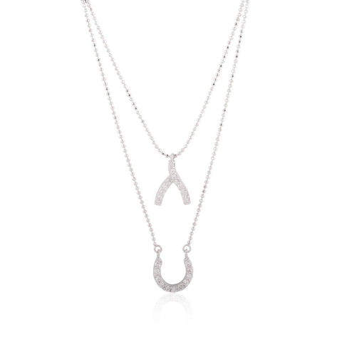 Sterling Silver Wishbone and Horseshoe Double Layer Necklace w- CZ