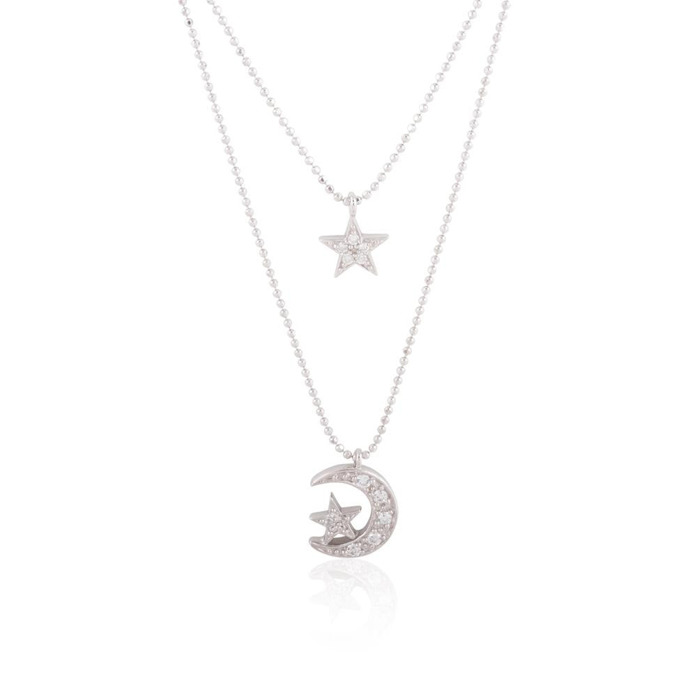 Sterling Silver Star and Moon & Star Double Layer Necklace w- CZ