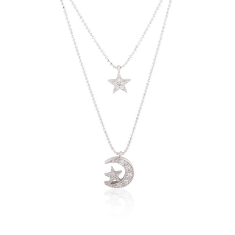 Sterling Silver Star and Moon & Star Double Layer Necklace w- CZ