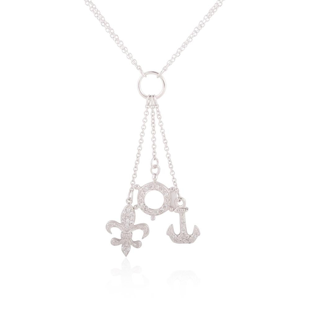 Sterling Silver Ship Wheel, Anchor, and Fleur De Lis Charm Double Layer Necklace w- CZ