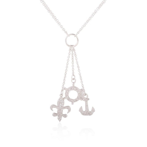 Sterling Silver Ship Wheel, Anchor, and Fleur De Lis Charm Double Layer Necklace w- CZ