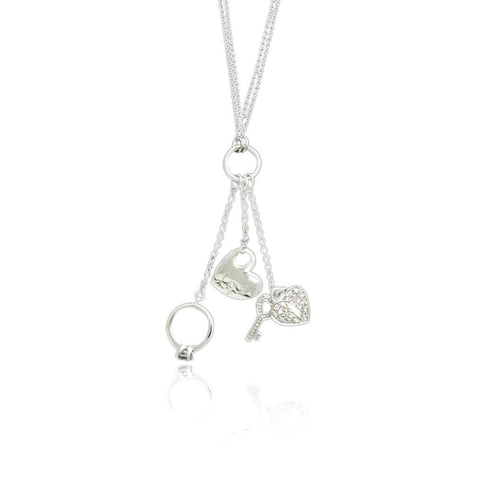 Sterling Silver Engraved "Love" Heart, Heart & Key, and Ring Charm Double Layer Necklace w- CZ