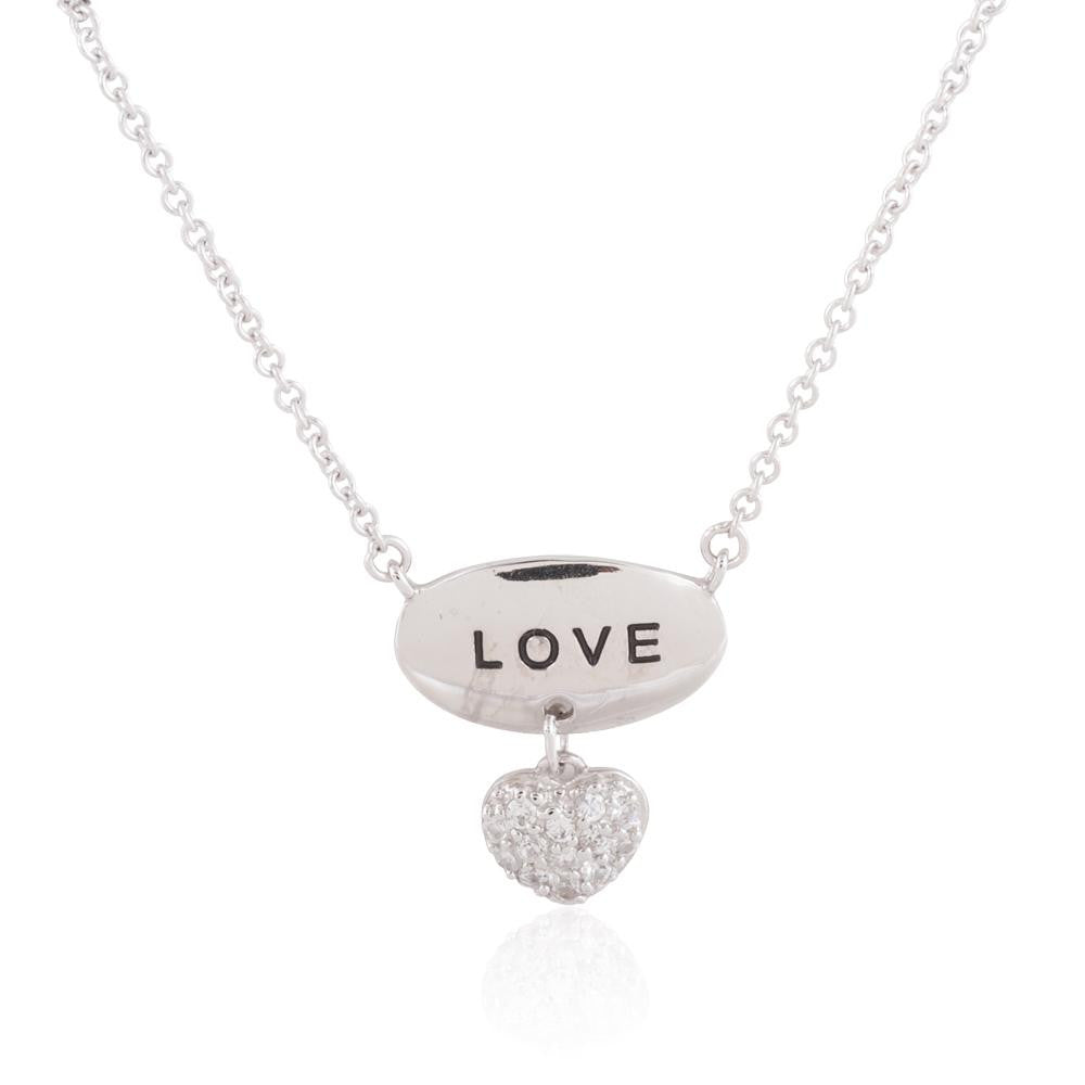 Sterling Silver "LOVE" Oval with Heart Charm CZ Necklace