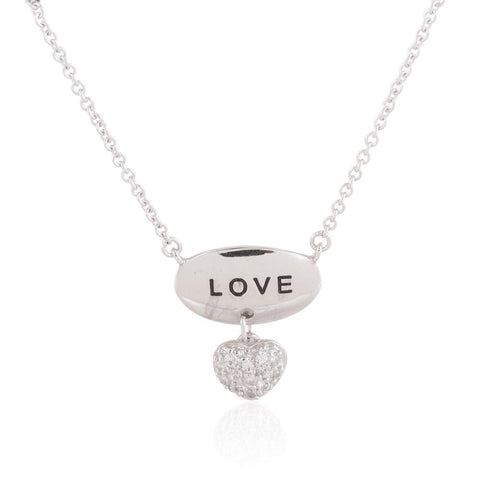 Sterling Silver "LOVE" Oval with Heart Charm CZ Necklace